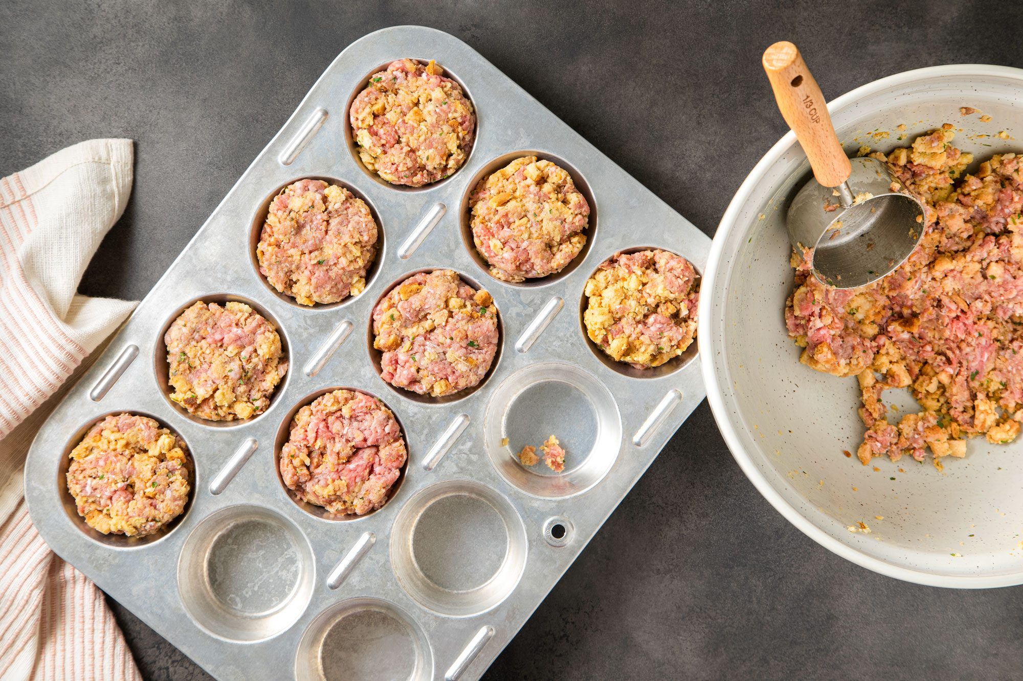 Meat Mixture Filled in Muffin Pan Bowls