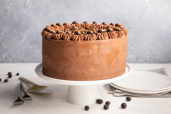 Mocha-Cake on a white plate with chocolate chips