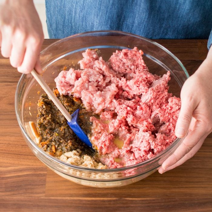 Mixing Mushroom Mixture with Ground Beef and Ground Pork to make Mushroom Meat Loaf 
