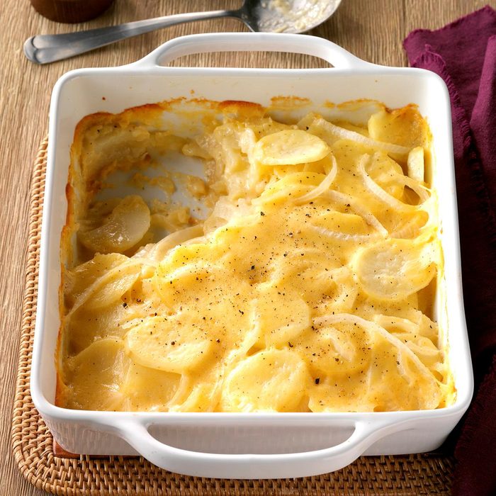 A steaming casserole of Never Fail Scalloped Potatoes