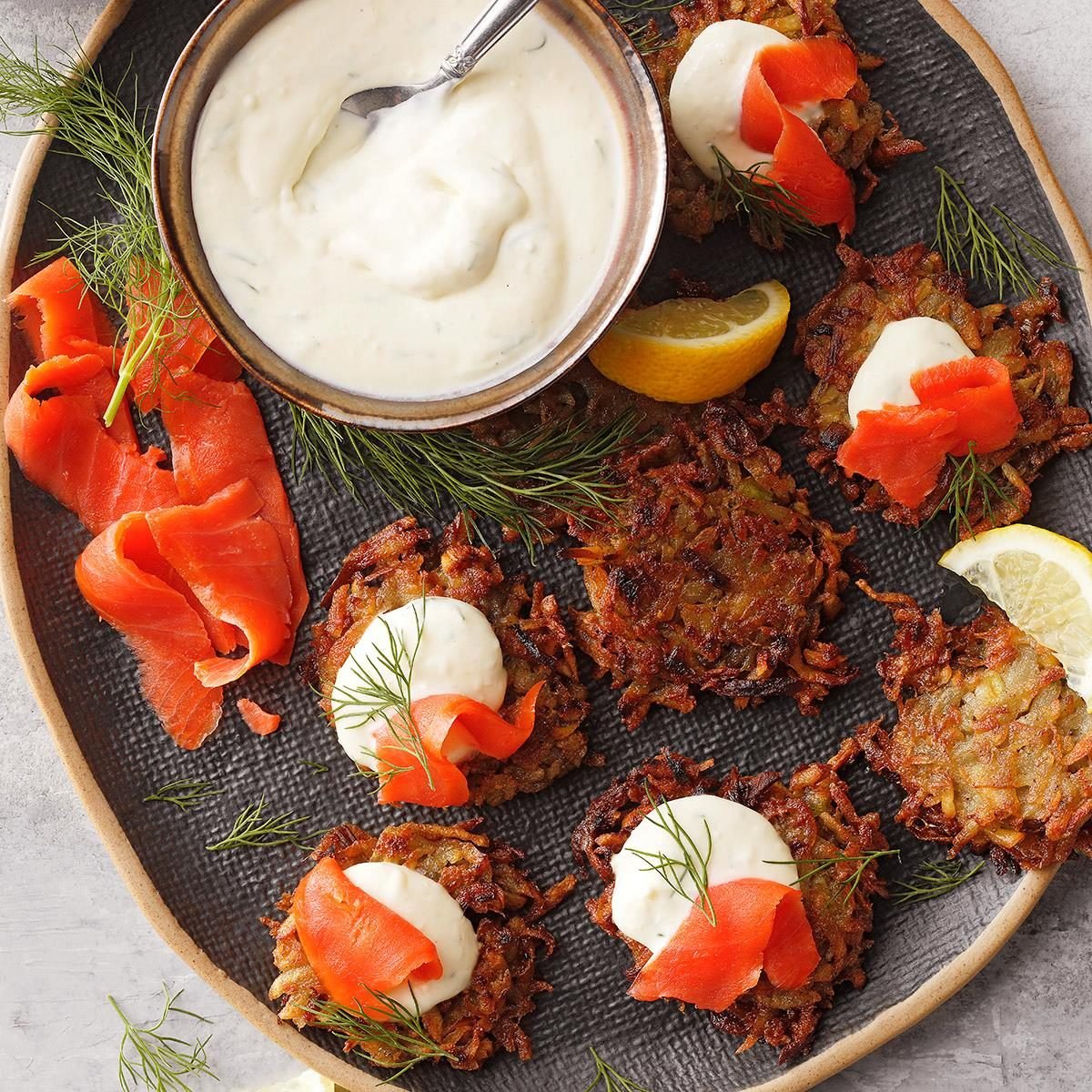 Parsnip Latkes With Lox And Horseradish Creme Exps Tohdj22 161409 B08 10 12b