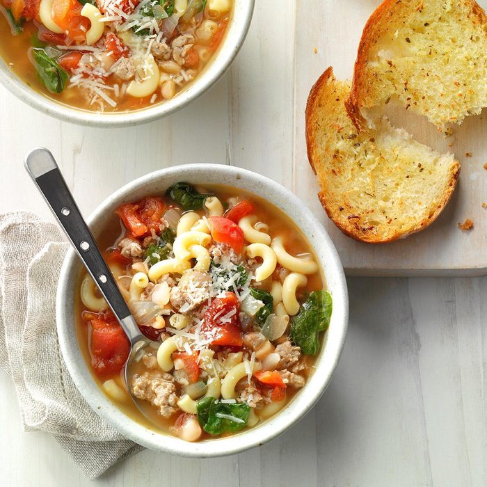 Bowls of Pasta Fagioli soup with French bread