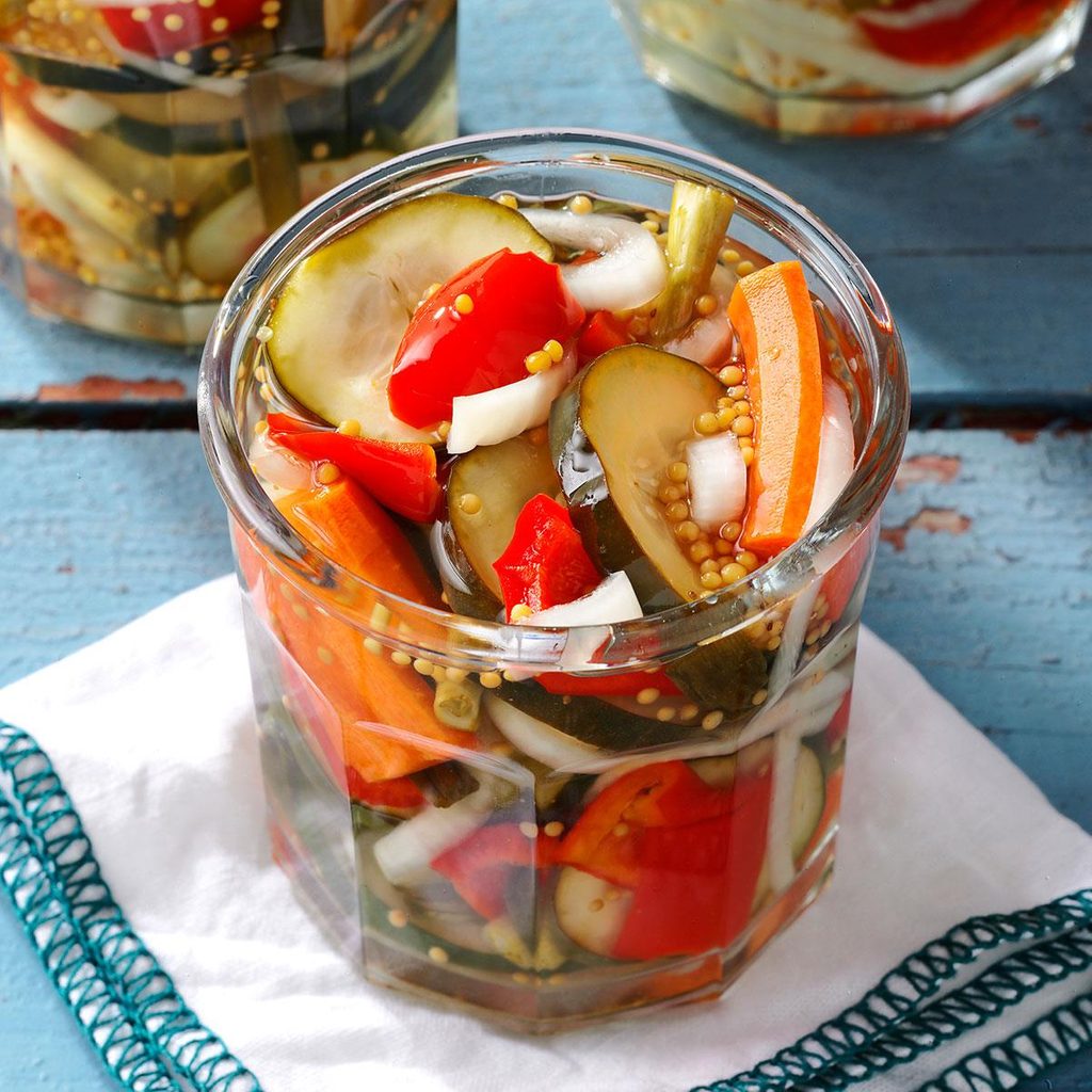 jar of mixed garden vegetable refrigerator pickles