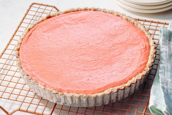 Rhubarb Tart With Shortbread Crust on a Wire Oven Rack