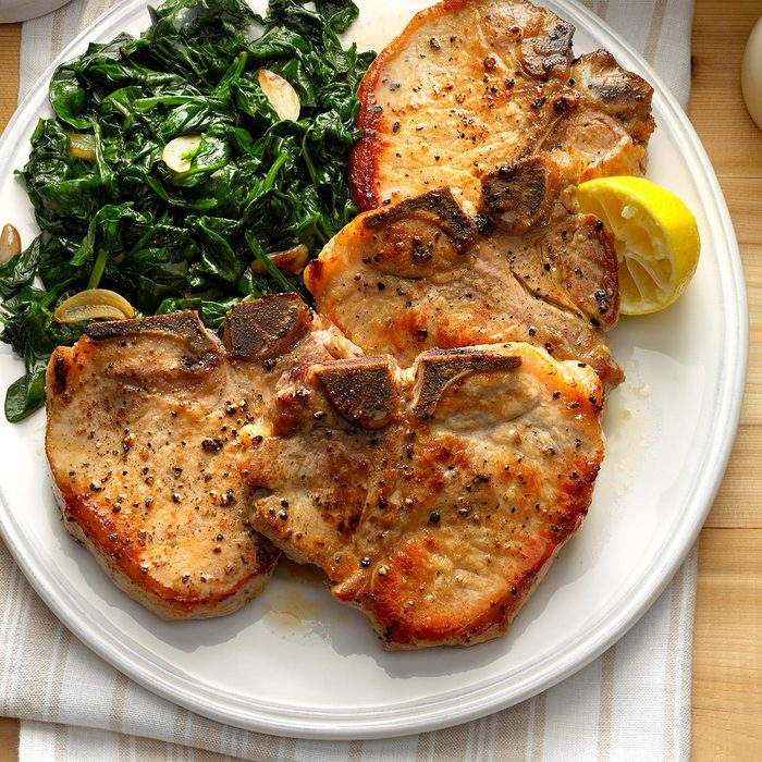 Sauteed Pork Chops with Garlic Spinach