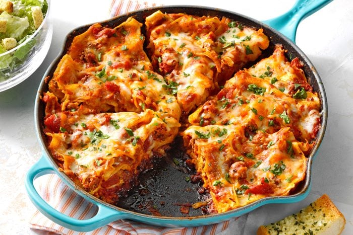 A Skillet of Lasagna With Cheese and Sauce