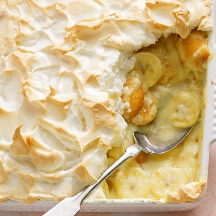 banana pudding in a square baking dish