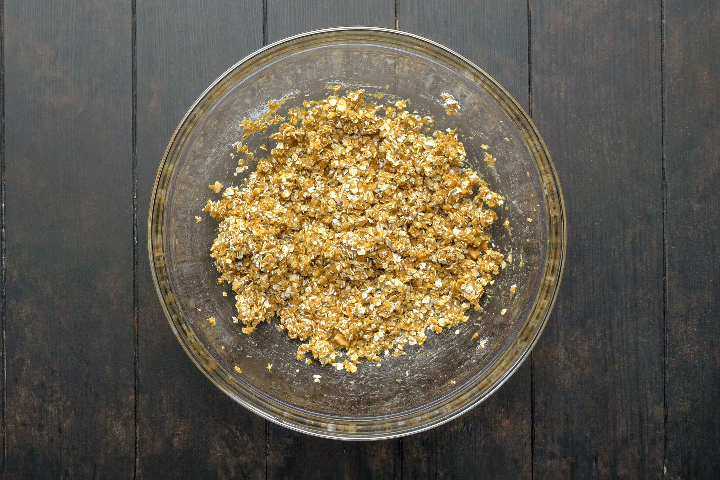 Easy Peanut Butter Oatmeal Cookie mix in a glass bowl