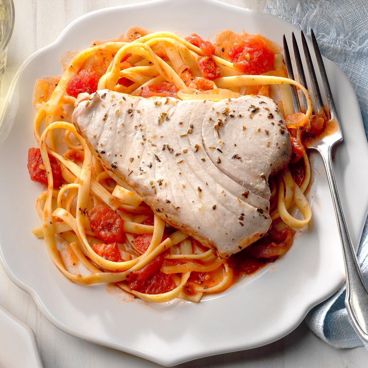 Halibut Steak on Fettuccine