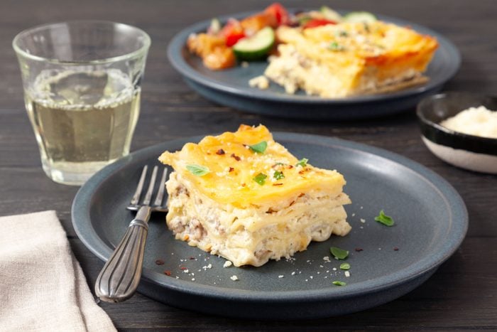 White Lasagna sliced and served in plate