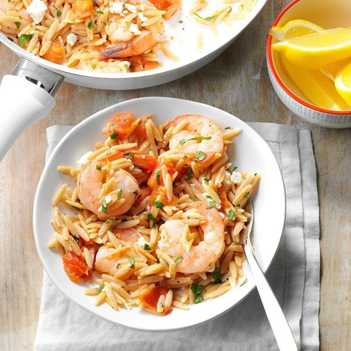 Healthy shrimp dinner recipe in a white bowl