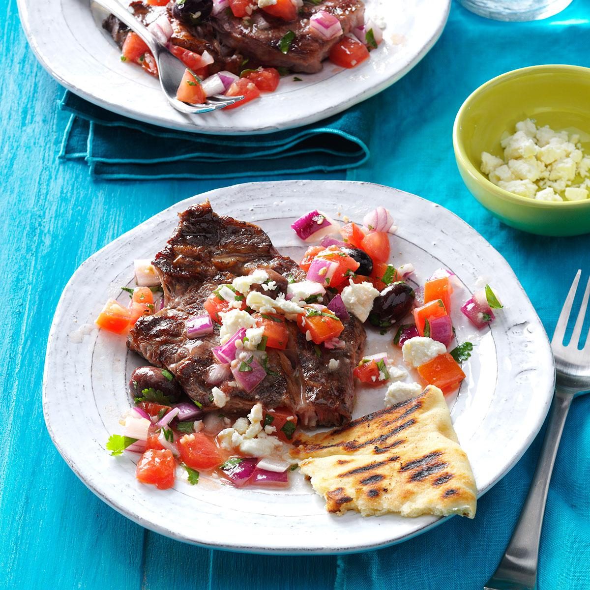 Grilled Steaks with Greek Relish