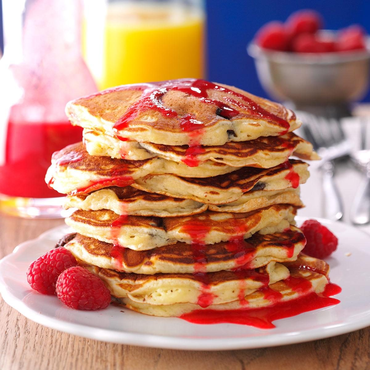 Chocolate Chunk Pancakes with Raspberry Sauce