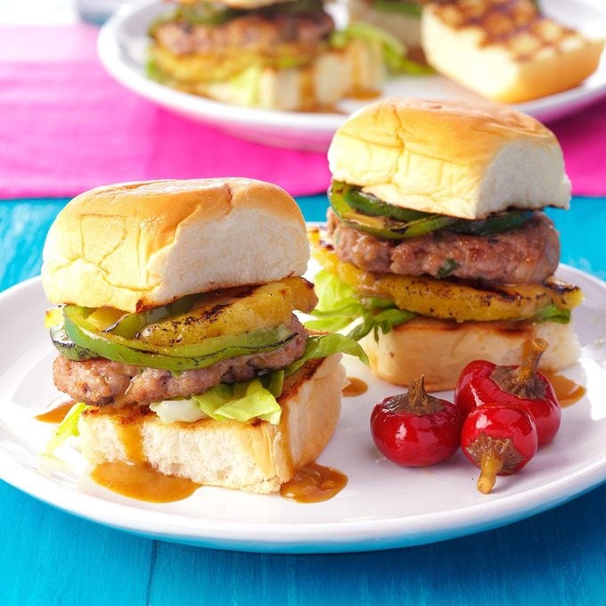 Pork Burgers with Grilled Pineapple & Peppers
