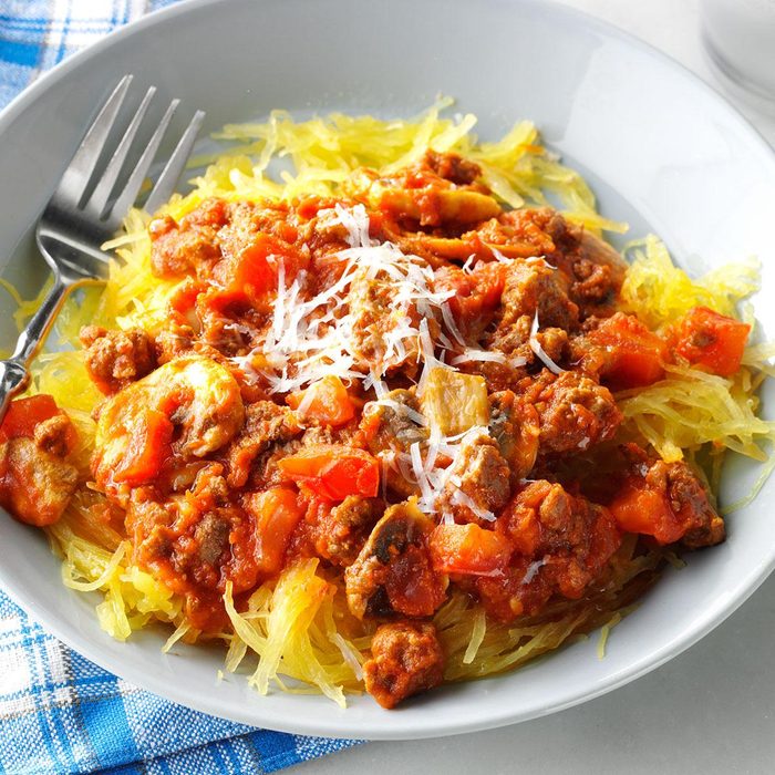 Garlic Spaghetti Squash with Meat Sauce and Tomato