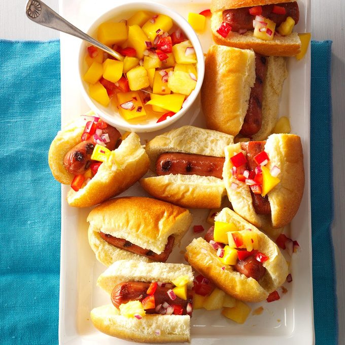 Hot Dog Sliders with Mango-Pineapple Salsa