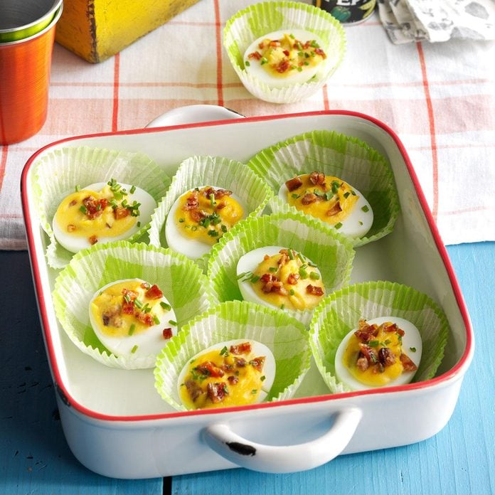 Bourbon Candied Bacon Deviled Eggs