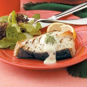 Grilled Halibut with Mustard Dill Sauce