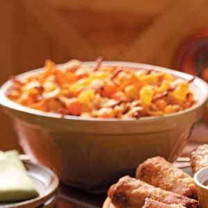 bowl of nacho snack mix on a buffet table
