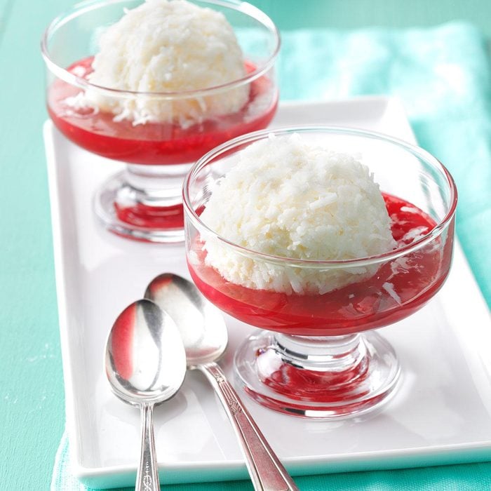 Ice Cream Snowballs with Raspberry Sauce
