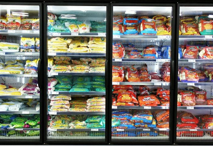 Frozen foods on shelves in a supermarket. In North America, consumption of frozen food has increased in recent years, mostly due to people's busy lifestyle