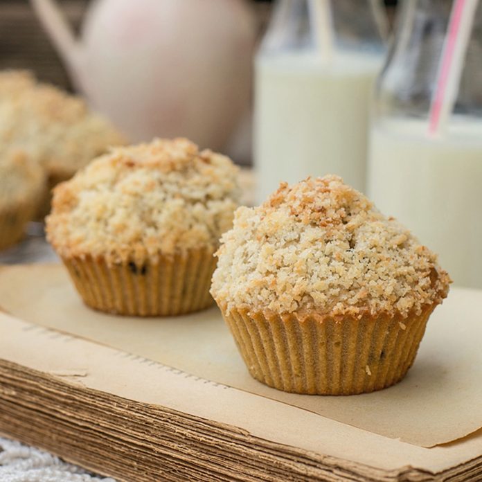 Chocolate chip muffins with coconut streusel on top. Vignetting and rustic style; Shutterstock ID 240410410; Job (TFH, TOH, RD, BNB, CWM, CM): TOH