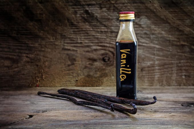 vanilla extract, homemade as a gift in a small bottle and beans 
