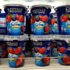 Klang , Malaysia - June 17th 2017 : Nestle is a brand name of fat free yogurt display on the shelf in supermarket in Klang, Malaysia