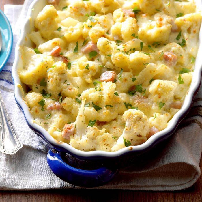 A casserole dish filled with Cauliflower Au Gratin