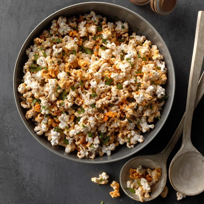 A bowl of seasoned homemade stovetop popcorn.