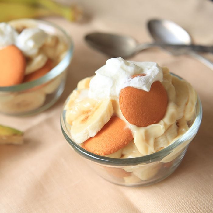 Individual servings of a Southern USA classic dessert made with bananas, vanilla pudding and whipped cream