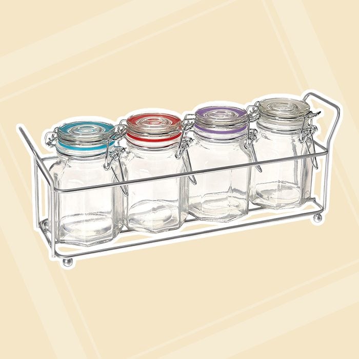 Circleware Optic 5-Piece Set of Four Mini Glass Spice Jars with Swing Top Hermetic Airtight Locking Lid, Kitchen Food Preserving Storage with Metal Caddy for Coffee, Sugar, Tea, 4 oz, Clear