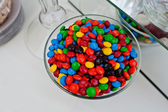 M&Ms in a glass bowl