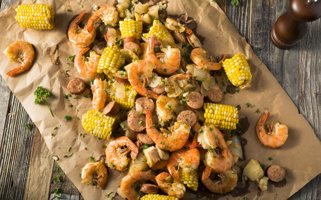 Homemade Traditional Cajun Shrimp Boil with Sausage Potato and Corn