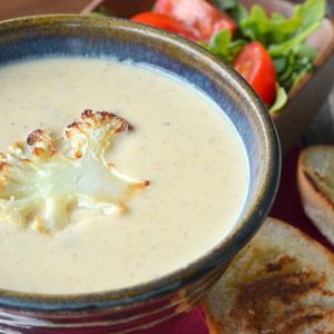 Roasted Cauliflower Soup:Shown served with grilled bread and side salad