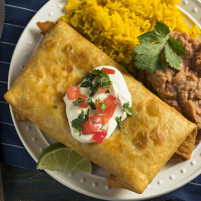 Deep Fried Beef Chimichanga Burrito with Rice and Beans