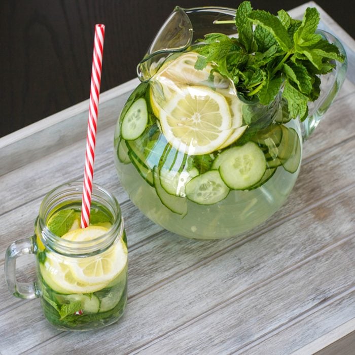 Water with lemon, mint, ginger and cucumber