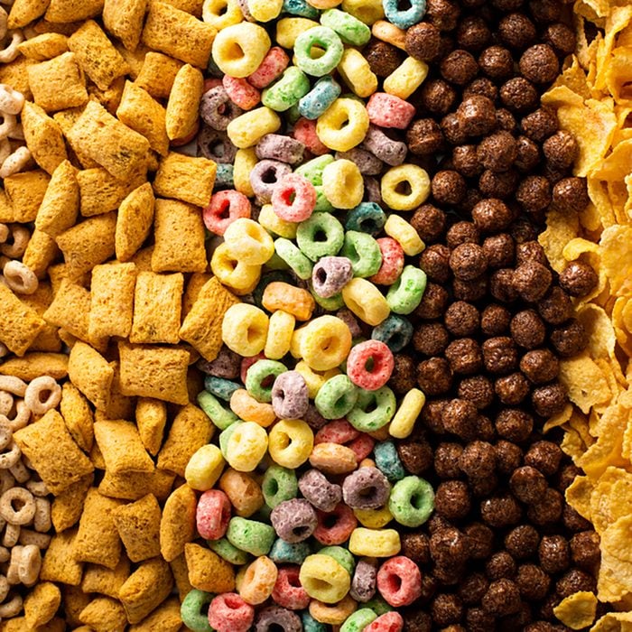 Variety of cold cereals, quick breakfast for kids overhead shot