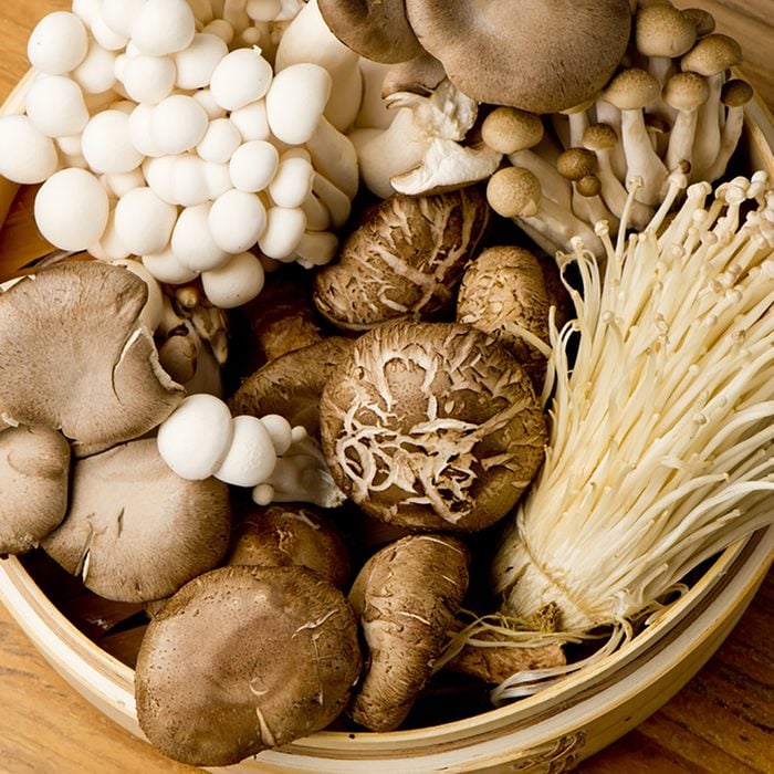 Variety of Mushrooms in a basket, closeup and overhead; Shutterstock ID 267579800; Job (TFH, TOH, RD, BNB, CWM, CM): Taste of Home