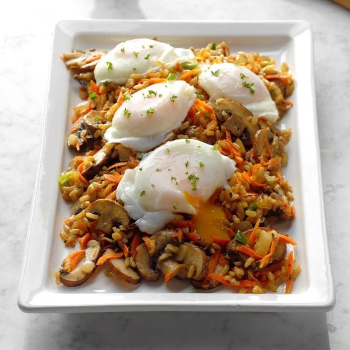 Mushroom and Brown Rice Hash with Poached Eggs