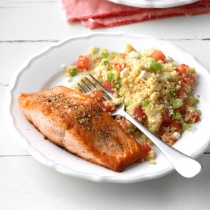 salmon with tomato goat cheese couscous