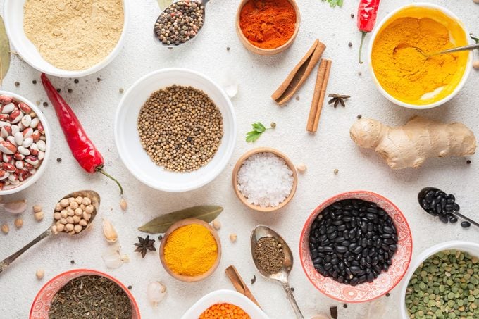 top view of various spices in small bowls