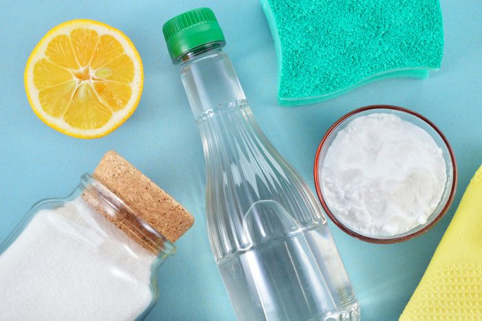 Eco-friendly natural cleaners. Vinegar, baking soda, salt, lemon and cloth. Homemade green cleaning