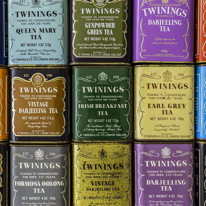 MANTOVA, ITALY - JULY 9, 2015: Twinings colourful tea vintage boxes