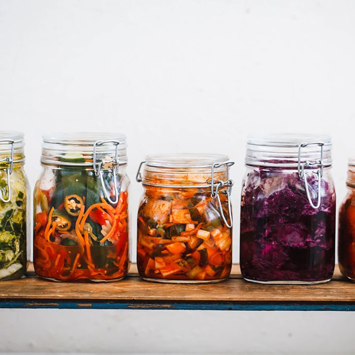 Variety kimchi masson jars.