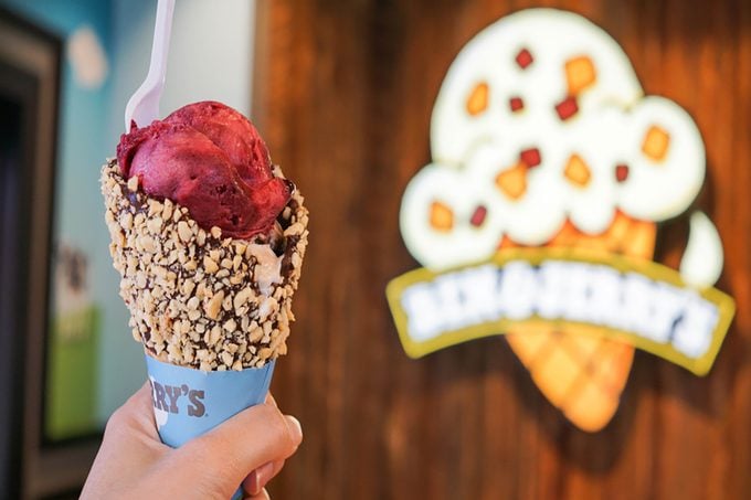  Ben and Jerry's Ice-cream berry sorbet on chocolate almond cone;