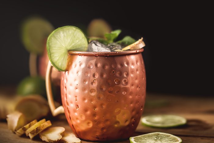 Moscow mule cocktail with lime, mint and ginger