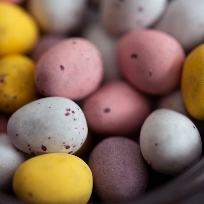 A bowl of pretty pastel Easter eggs.