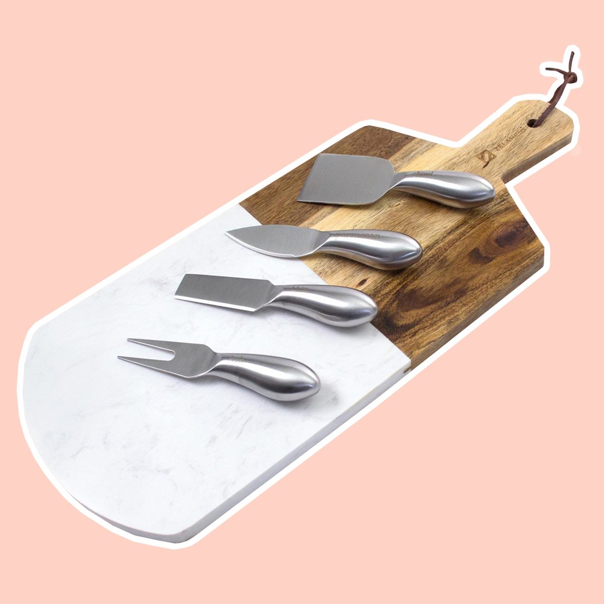 Zelancio Marble and Acacia Wooden Serving Cheese Board, 6 Piece Set Includes Stainless Steel Cheese Tools, Serving Paddle, Wood Cheese Knife Holder with Integrated Magnets