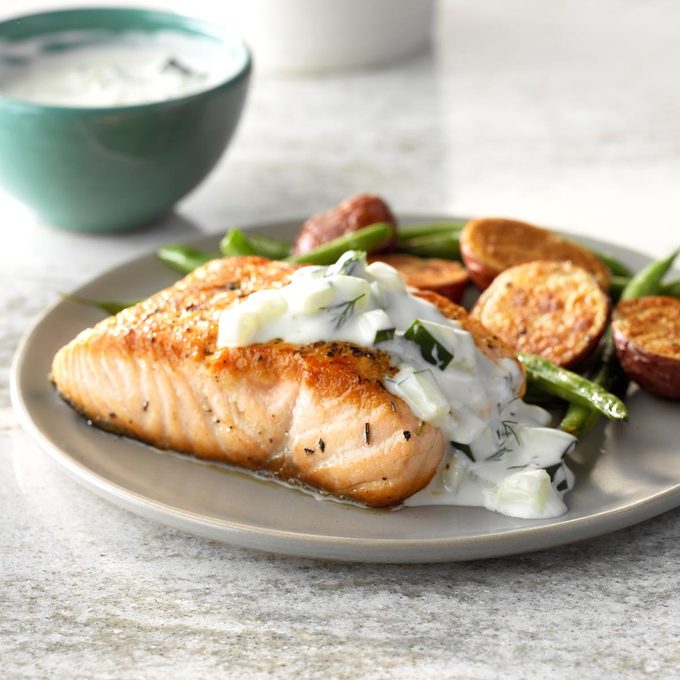 Pan-seared salmon with dill sauce